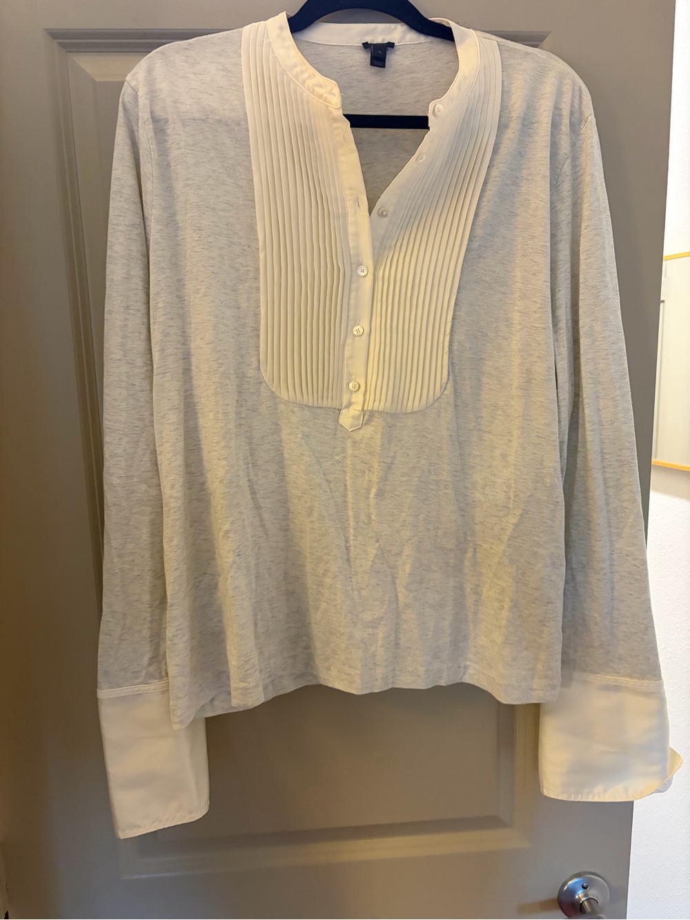J. Crew Heather Gray Long-Sleeve Top with Ivory Pleated Bib